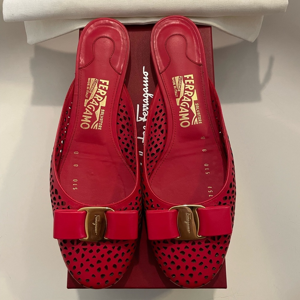 Salvatore Ferragamo Emile Red Bow Mules Slides US 8